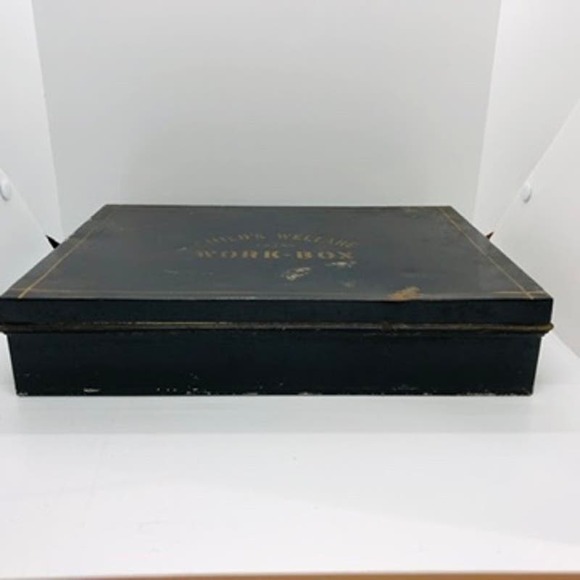 Antique Early 20th Century Black Tin metal box with Child's Welfare Work-Box - Picture 3 of 9